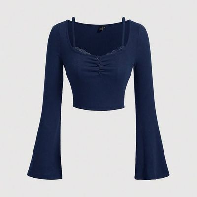 کراپ آستین کلوش یقه خشت گیپور دار