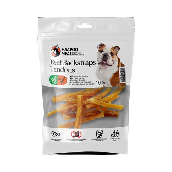 تشویقی سگ هاپومیل مدل زردپی گاو Beef Backstraps Tendons وزن 100 گرم