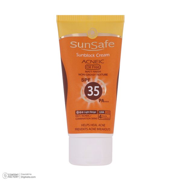 کرم ضدآفتاب رنگی سان سیف، مدل 35 SPF، مناسب پوست چرب، جوشدار و مختلط تنالیته رنگ روشن و حجم 50 میلیلیتر، محافظت کننده در برابر
