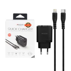شارژر دیواری فست و PD سه پورت Yesido مدل YC52 30W به همراه کابل شارژ Type-C To Lightning - مشکی