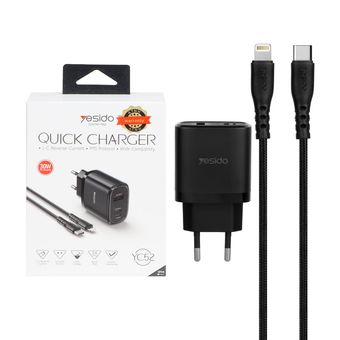 شارژر دیواری فست و PD سه پورت Yesido مدل YC52 30W به همراه کابل شارژ Type-C To Lightning - مشکی