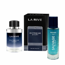 ادو توالت مردانه اکستریم استوری لاریو 75 میلی لیتر به همراه عطر جیبی مردانه رودیر مدل ساواج الکسیر حجم 30 میلی لیتر