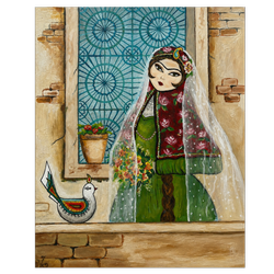 بانوی پست پنجره فیروزه ایی تابلو رنگ روغن