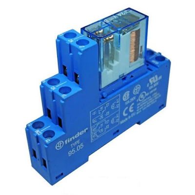 رله فیندر 24VDC دو کنتاکت 8 آمپر FINDER 40.52.9.024 بهمراه پایه 95.05
