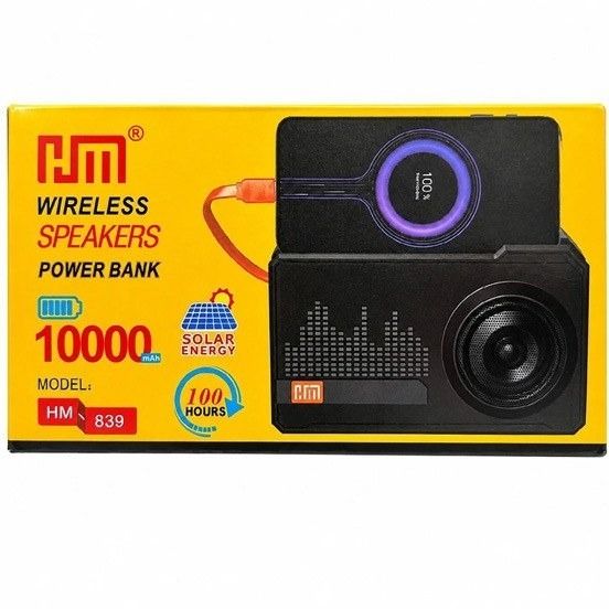 اسپیکر بلوتوثی پاوربانک HM 839 | ظرفیت 10000mAh | شارژ خورشیدی و بیسیم