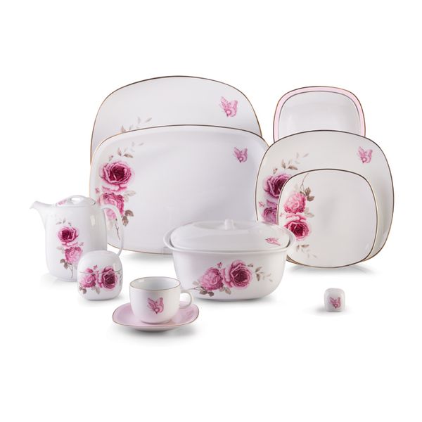 سرویس غذاخوری 98 پارچه چینی زرین ایران سری کواترو مدل رزفلاور درجه یک