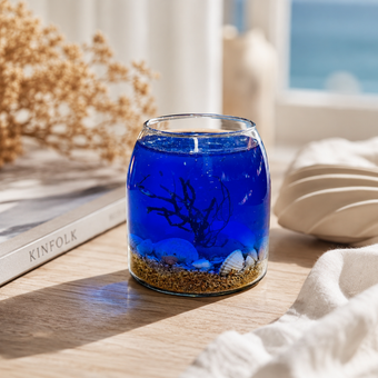 شمع ژله ای آبی شیشه ای طرح اقیانوس و کشتی