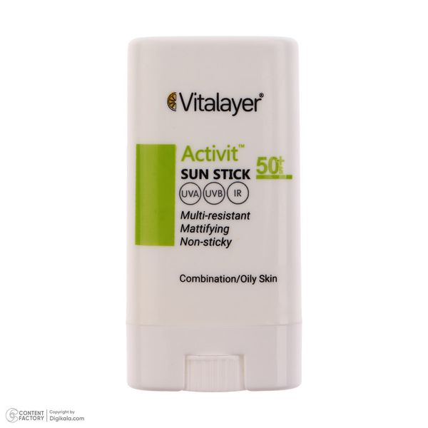 ضد آفتاب استیکی بیرنگ ویتالیر SPF 50 مدل اکتیویت محافظ UVA،UVB,IR مناسب پوستهای مختلط و چرب وزن 15 گرم