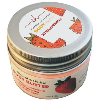 کره بدن ایمنس هربال مدل VIP_STRAWBERRY وزن 110 گرم با رایحه توت فرنگی، مرطوب‌کننده و روشن‌کننده پوست، حاوی کره کاکائو، شی باتر،