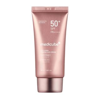 کرم ضد آفتاب بدون رنگ دست و صورت مدیکیوب spf50 مدل کلاژن محافظ UVA،UVB مناسب برای انواع پوست حجم 50 میلی لیتر