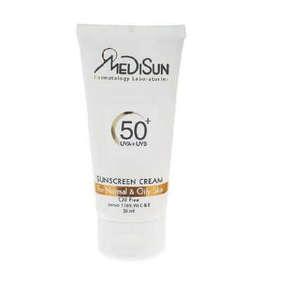 کرم ضد آفتاب بی‌رنگ مدیسان، SPF 50، مناسب پوست‌های چرب و معمولی با حجم 50 میلی‌لیتر، محافظت‌کننده در برابر اشعه‌های UVA و UVB، د