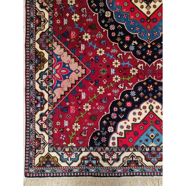 فرش دستباف سایز چهارمتری زمینه لاکی (تمام پشم یلمه طرح مدالی) کد 6085