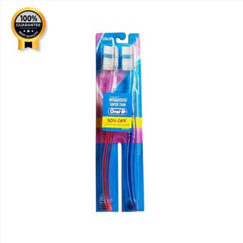 مسواک اورال بی Oral-b اورجینال مدل Super thin برس خیلی نرم Extra soft بسته دو عددی قرمز و آبی
