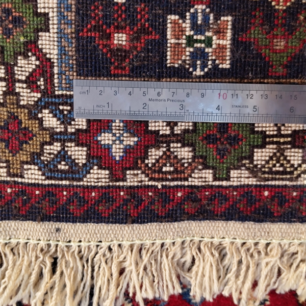 فرش دستباف سایز کناره دو متری زمینه لاکی (تمام پشم یلمه طرح حوضی یا ترنج)کد1042