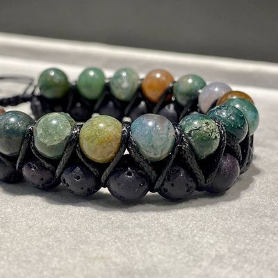 دستبند دو ردیفه عقیق خزه ای و لاوا