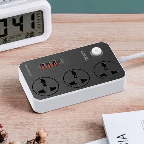 چند راهی 3 خانه برق ارت دار الدینیو SC3412 با کابل 2 متری + شارژر USB و Type-C