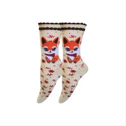 جوراب ساق بلند نخی طرح پاییزه روباه مظلوم