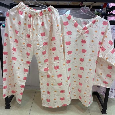 ست لباس خواب دوتیکه نخی استین بلند بیگ سایز