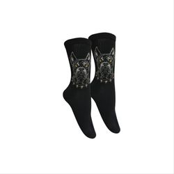 جوراب ساق بلند مردانه زنانه نخ پنبه طرح سگ دوبرمن مشکی سفید