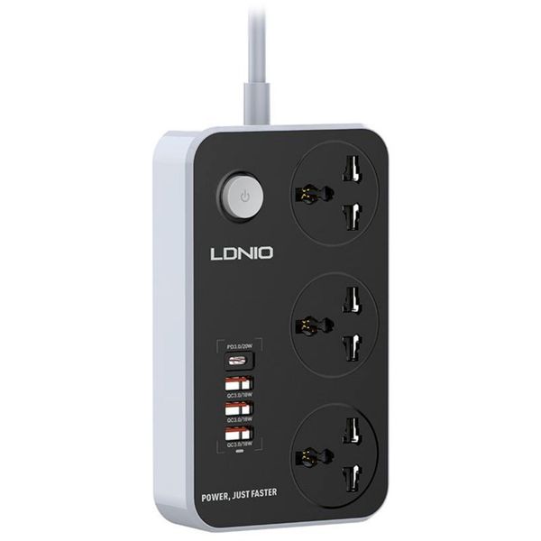 چند راهی 3 خانه برق ارت دار الدینیو SC3412 با کابل 2 متری + شارژر USB و Type-C