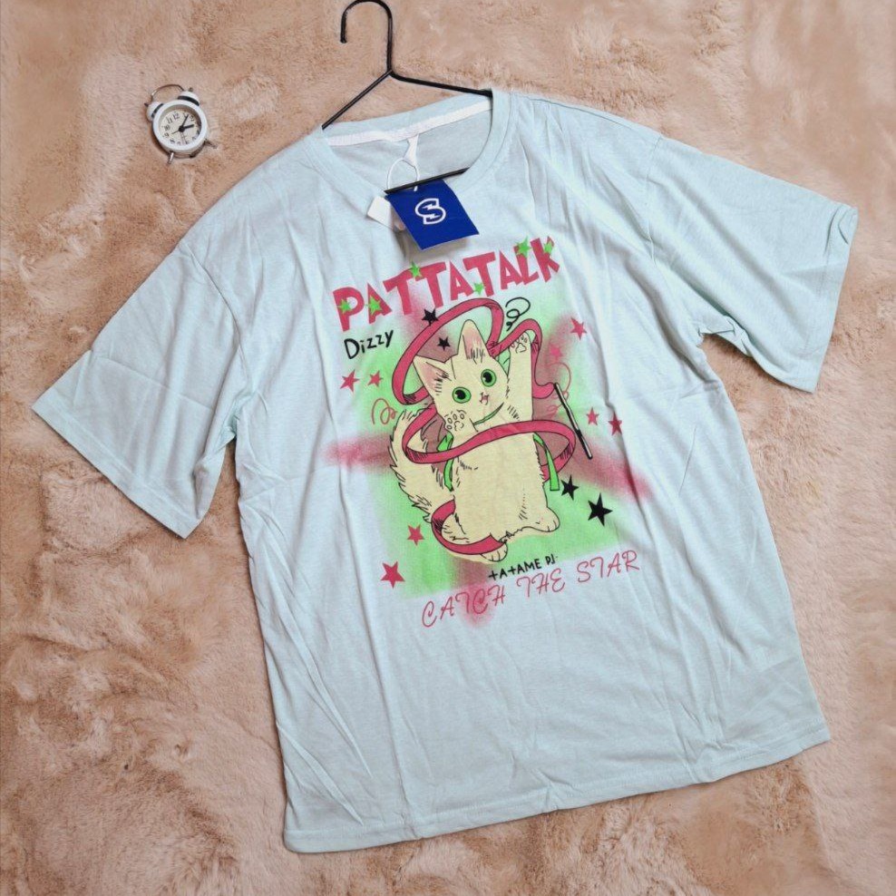 تیشرت پینترستی خارجی اسپرت نخی طرح گربه آبی و یاسی فریسایز