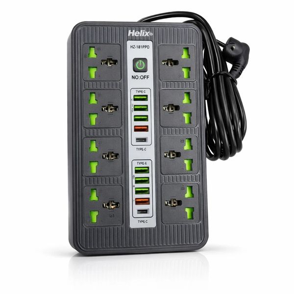 چندراهی برق 8 پریز + 8 USB | فست شارژ + Type‑C | کابل 2 متری | کلید ایمنی