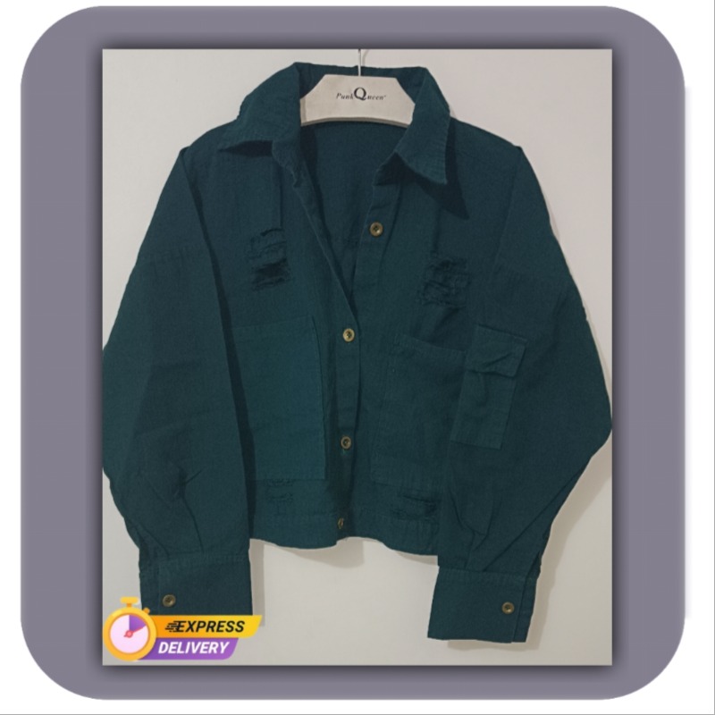 کت کتان زنانه مدل زاپ الگو مربعی رنگ سبز تیره