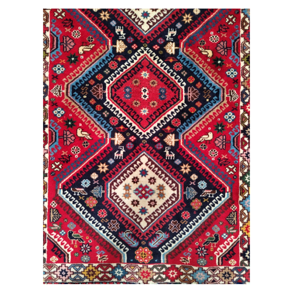 فرش دستباف یلمه سایز ذرع و چارک زمینه سرمه ای لچک لاکی ( تمام پشم یلمه طرح قابی) کد6027