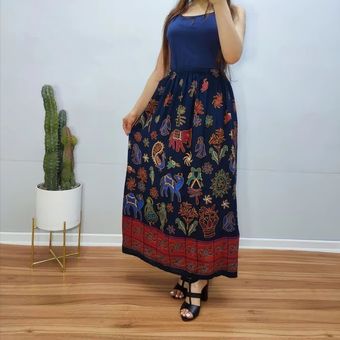 دامن نخی بلند حاشیه دار طرح هندی دو رنگ کد 1