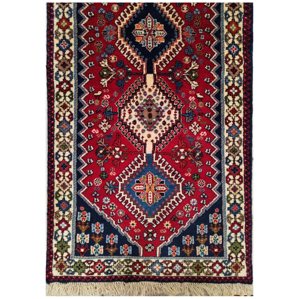 فرش دستباف سایز کناره دو متری زمینه لاکی (تمام پشم یلمه طرح حوضی یا ترنج)کد1042