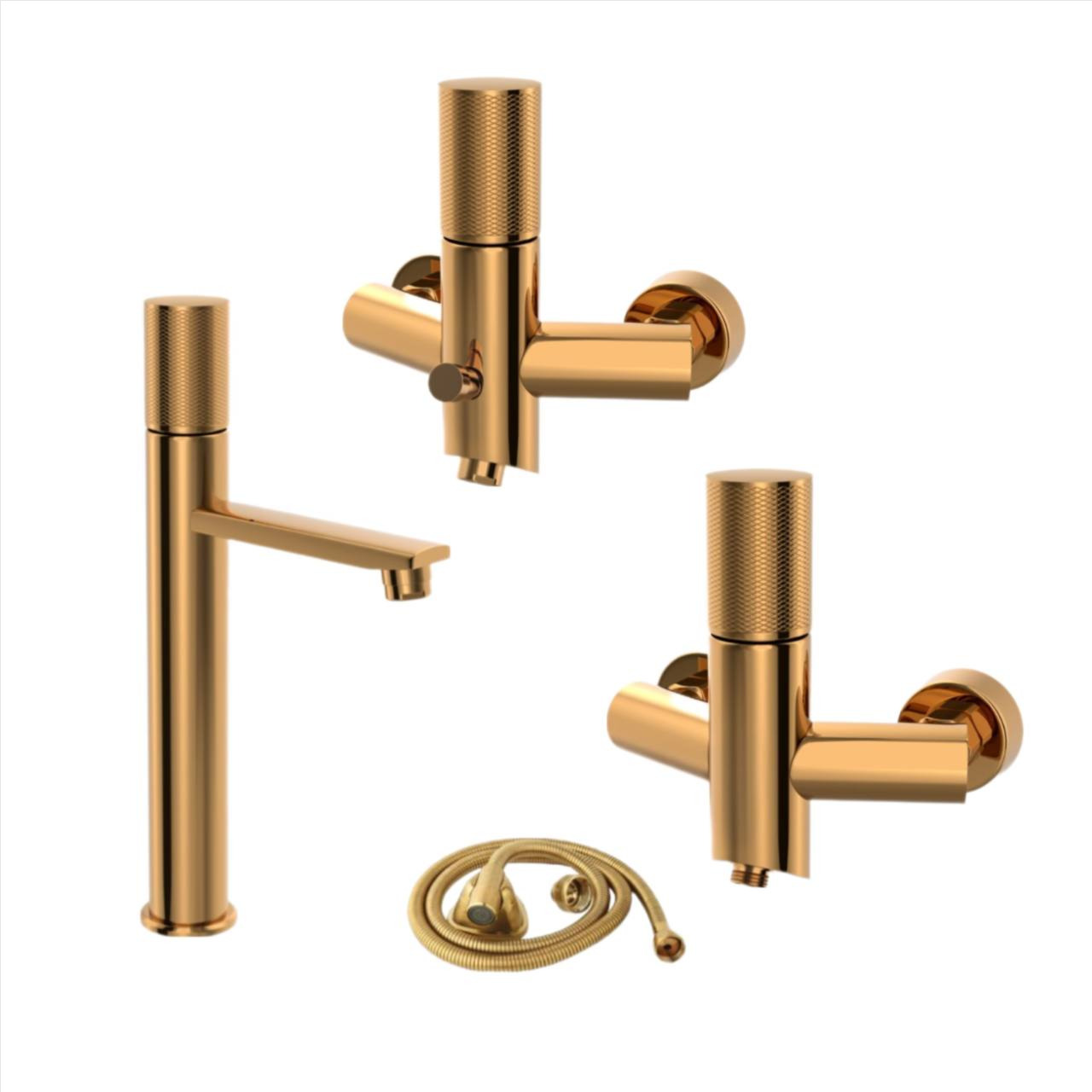 ست شیرآلات کسری مدل کراون رنگ طلایی مجموعه 4 عددی(روشویی پایه بلند)