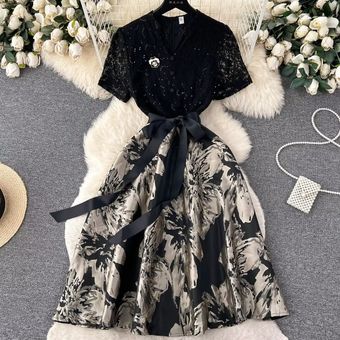 پیراهن سرهمی کمر بند دار ژاکارد