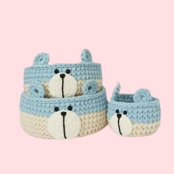 سبد قلاب بافی تریکو طرح سیسمونی نوزادی خرسی کد 3636 مجموعه 3 عددی