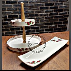 شیرین خوری دو طبقه دستگیره چوبی طرح گلسرخی