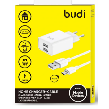 شارژر دیواری 12 وات بودی مدل Budi AC356EMW با 2 خروجی USB به همراه کابل USB به MicroUSB با گارانتی 18 ماهه شرکتی (6 ماه تعویض)