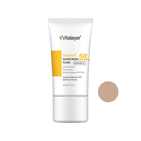 کرم ضد آفتاب رنگی ویتالیر، SPF 50، مدل ویتامین سی، مناسب انواع پوست با تنالیته متوسط و حجم 50 میلیلیتر، ضد آب، مرطوبکننده، غی