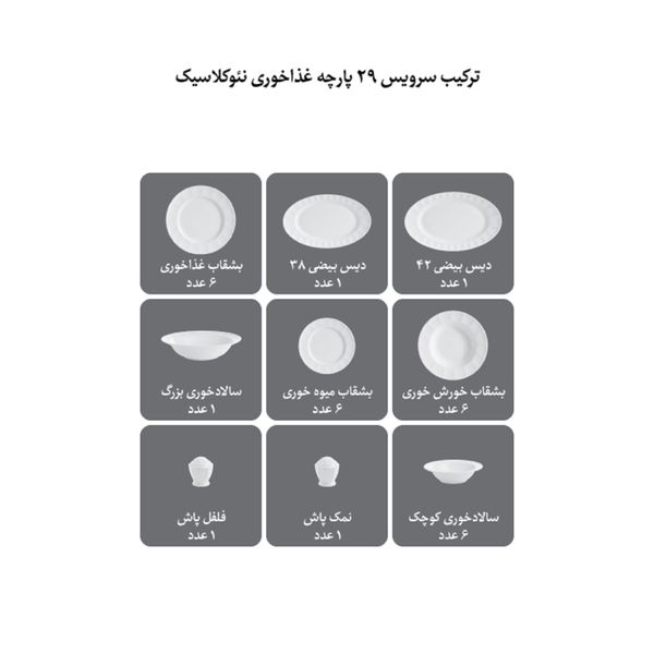 سرویس غذاخوری 29 پارچه 6 نفره چینی زرین ایران مدل نئوکلاسیک فلورنتیا درجه یک