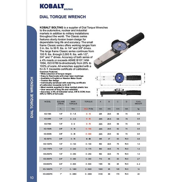 ترکمتر عقربه ای کوبالت مدل KD-300IN رنج 0 تا 35 نیوتن متر
