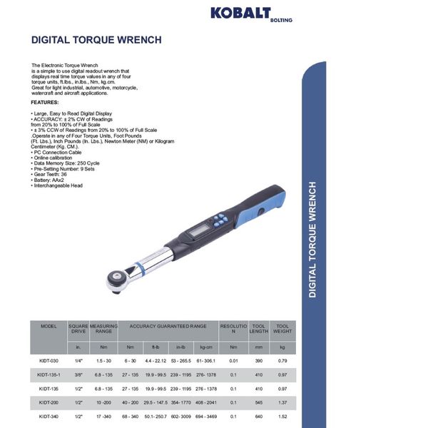 ترکمتر دیجیتال کوبالت مدل KIDT- 340 رنج 68 تا 340 نیوتن متر