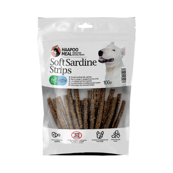 تشویقی سگ هاپومیل مدل استریپ نرم ساردین کد Soft Sardine Strips وزن 100 گرم
