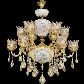 لوستر 12 شعله دوگل کوچک سرامیکی سبک برنزی