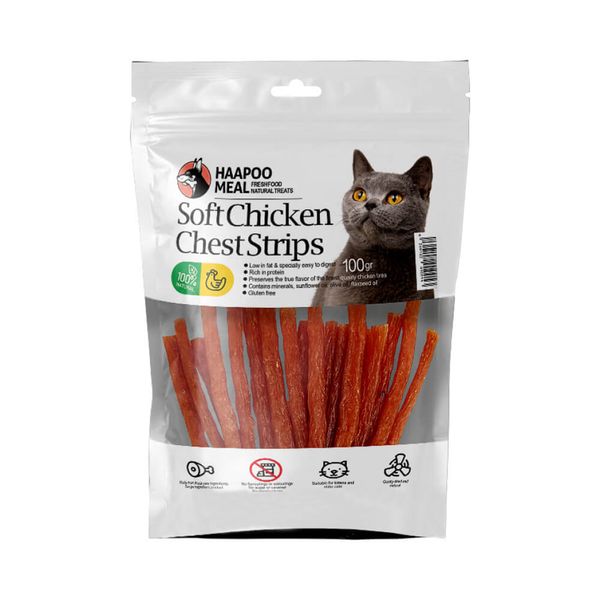 تشویقی گربه هاپومیل مدل استریپ نرم سینه مرغ وزن 100 گرم