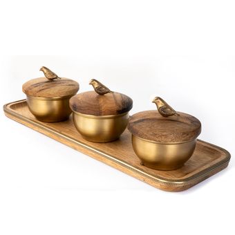 قندان گلدکیش مدل گلدن برد کد GK829474 مجموعه 3 عددی به همراه سینی