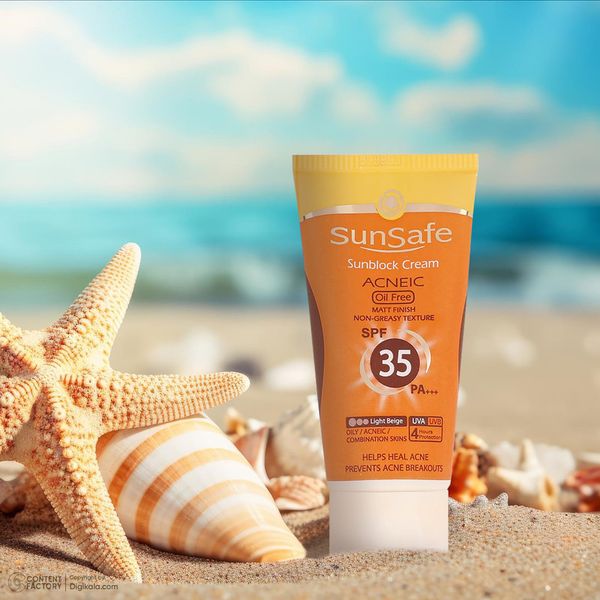 کرم ضدآفتاب رنگی سان سیف، مدل 35 SPF، مناسب پوست چرب، جوشدار و مختلط تنالیته رنگ روشن و حجم 50 میلیلیتر، محافظت کننده در برابر