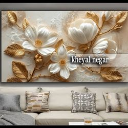 تابلو سه بعدی گل‌های سفید با جزئیات طلایی 2/ نماد زیبایی و هنر ✨ کد O37
