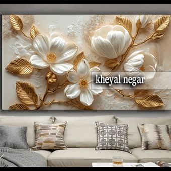 تابلو سه بعدی گل‌های سفید با جزئیات طلایی 2/ نماد زیبایی و هنر ✨ کد O37