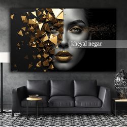 تابلو سه بعدی چهره هنری با جزئیات طلایی / نماد زیبایی مدرن و خلاقیت ✨ کد O40