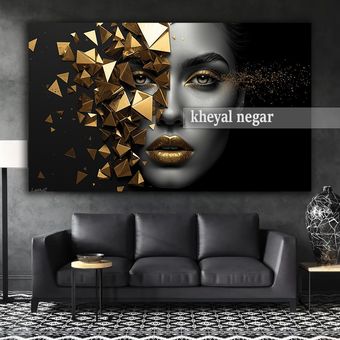 تابلو سه بعدی چهره هنری با جزئیات طلایی / نماد زیبایی مدرن و خلاقیت ✨ کد O40