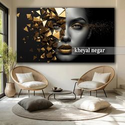 تابلو سه بعدی چهره هنری با جزئیات طلایی / نماد زیبایی مدرن و خلاقیت ✨ کد O40