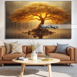 تابلو دکوراتیو هنری درخت با نور طلایی _ کد O55